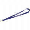 A blue lanyard with a lobster clip, featuring a logo and text design. Ideal for events and exhibitions.