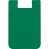 A green silicone card wallet featuring a smooth texture and a curved design. It includes a branding logo.