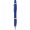 A blue pen highlighter with a silver clip and grip, featuring a sleek design and branding.