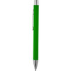 A green soft touch metal pen with a silver clip and tip, featuring a simple design and a branding logo.