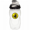 A drink bottle with a transparent body, black lid, and a logo featuring a yellow hand design.