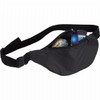 A black fanny pack with a zippered pocket containing a phone, sunglasses, and a drink bottle.