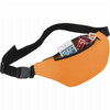An orange fanny pack with a black strap, containing a phone and snack bars. It features a logo.