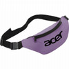 A purple fanny pack with a black logo, featuring a zippered compartment and an adjustable strap.