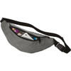 A grey bum bag with a zippered pocket, containing a drink bottle and a smartphone. Includes an adjustable strap.