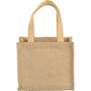 A small, natural jute tote bag with two handles and a textured surface. It features a logo on one side.