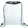 A clear drawstring sportspack with black drawstrings and toggle closures. Features a simple, transparent design.