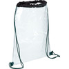 A clear drawstring sportspack with a black trim and green cords. It features a logo on the front.