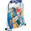 A clear drawstring sportspack with a blue top, containing magazines, sunscreen, a drink, and a smartphone.