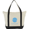 A zippered cotton tote bag in cream with black handles and a logo on the side.