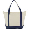 A zippered cotton tote bag in cream with navy blue straps, featuring a simple design and a small logo.