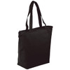 A black zippered tote bag with two handles, featuring a simple and spacious design.