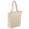 A cream-coloured zippered tote bag with sturdy handles, designed for carrying items. Features a logo on the surface.