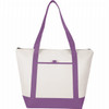 A tote cooler bag featuring a white body with purple straps and a purple bottom. It has a front pocket and a zipper closure.