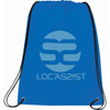 A blue drawstring sportspack with a logo on the front and black drawstrings.