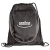 A black drawstring sportspack with a zippered pocket and mesh sides, featuring a logo on the front.