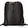 A black drawstring sportspack with contrasting orange accents and durable cords. It features a logo on the front.