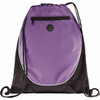 A purple drawstring sportspack with a front zipper pocket and black mesh sides, featuring a logo.
