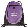 A purple drawstring sportspack with a black base and mesh sides, featuring a logo on the front.