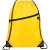 A bright yellow drawstring sportspack with a zippered pocket and black accents. Features a logo.
