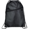 A black drawstring sportspack with a front zip pocket and a logo, featuring adjustable drawcords.
