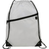 A white drawstring sportspack with a black zipped pocket and black accents, featuring a logo.