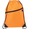 An orange drawstring sportspack with a black zippered front pocket and black corner accents.