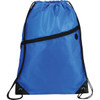 A blue drawstring sportspack with a zippered pocket and a logo. Features black accents and adjustable drawstrings.