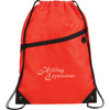 A red drawstring sportspack featuring a zippered pocket and a logo. Designed with black accents.