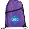 A purple drawstring sportspack with a front zip pocket and a logo. Features black accents and drawstring straps.