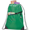 A green drawstring sportspack with a zip pocket, holding a drink bottle, a notebook, and stationery items.
