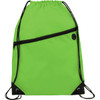 A bright green drawstring sportspack featuring a zippered front pocket and black accents, with a branding logo.