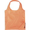 An orange foldaway shopper tote bag with a single strap and a compact design for storage. It features a logo.