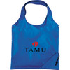 A blue foldaway tote bag featuring a logo, with adjustable straps and a pouch for compact storage.