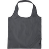 A foldable tote bag in a dark grey colour with a smooth finish and a logo on one side.