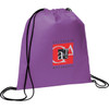 A purple non-woven drawstring sportpack with a logo on the front and black drawstrings.