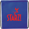 A blue non-woven drawstring sportpack with a black drawstring and a logo printed on the front.