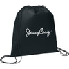 A black non-woven drawstring sportpack featuring a white logo and matching drawstrings.