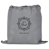 A grey non-woven drawstring sportpack with a decorative logo design.