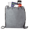 A grey drawstring sportpack filled with a drink bottle, notebook, and a smartphone. It has a logo.