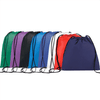 A collection of drawstring sportpacks in various colours, including green, purple, black, blue, white, red, and navy, each with a logo.