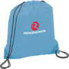 A blue drawstring sportspack with black straps and a logo on the front.