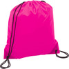 A pink drawstring sportspack with black cords and a simple design. It features a logo on the surface.