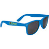 Bright blue sunglasses with dark lenses and a branding logo on the side. Ideal for leisure and outdoor activities.