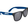 Retro promotional glasses featuring black lenses and navy blue arms, with a logo on one arm.