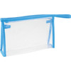 A clear toiletries bag with a light blue fabric trim and handle, featuring a logo on the side.