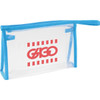 A clear toiletry bag with a blue zipper and handle, featuring a logo in red.
