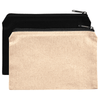 Two cotton travel pouches, one in black and the other in natural, featuring zip closures and a simple design.