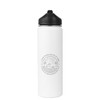 A white stainless steel drink bottle with a black lid and a logo on the front.