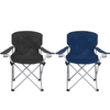 Two oversized folding chairs in black and navy blue, featuring metal frames and armrests. Each chair has a logo.